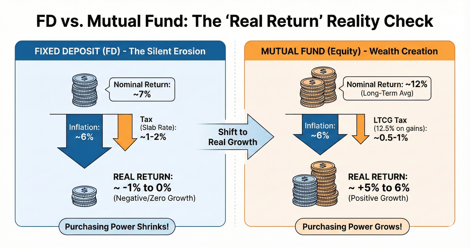 FD vs Mutual Funds: Real Return After Tax and Inflation