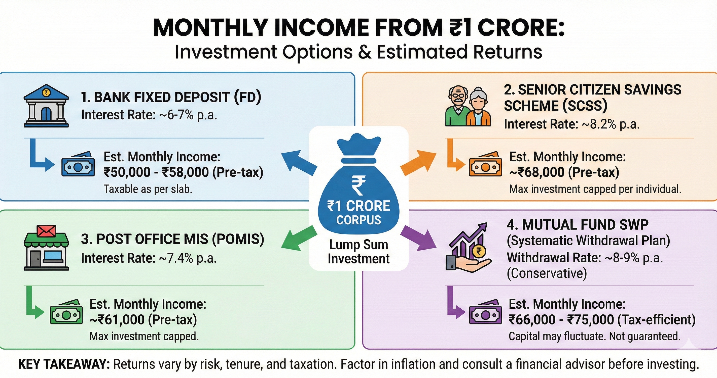 Monthly income from 1 crore retirement using FD SCSS and SWP