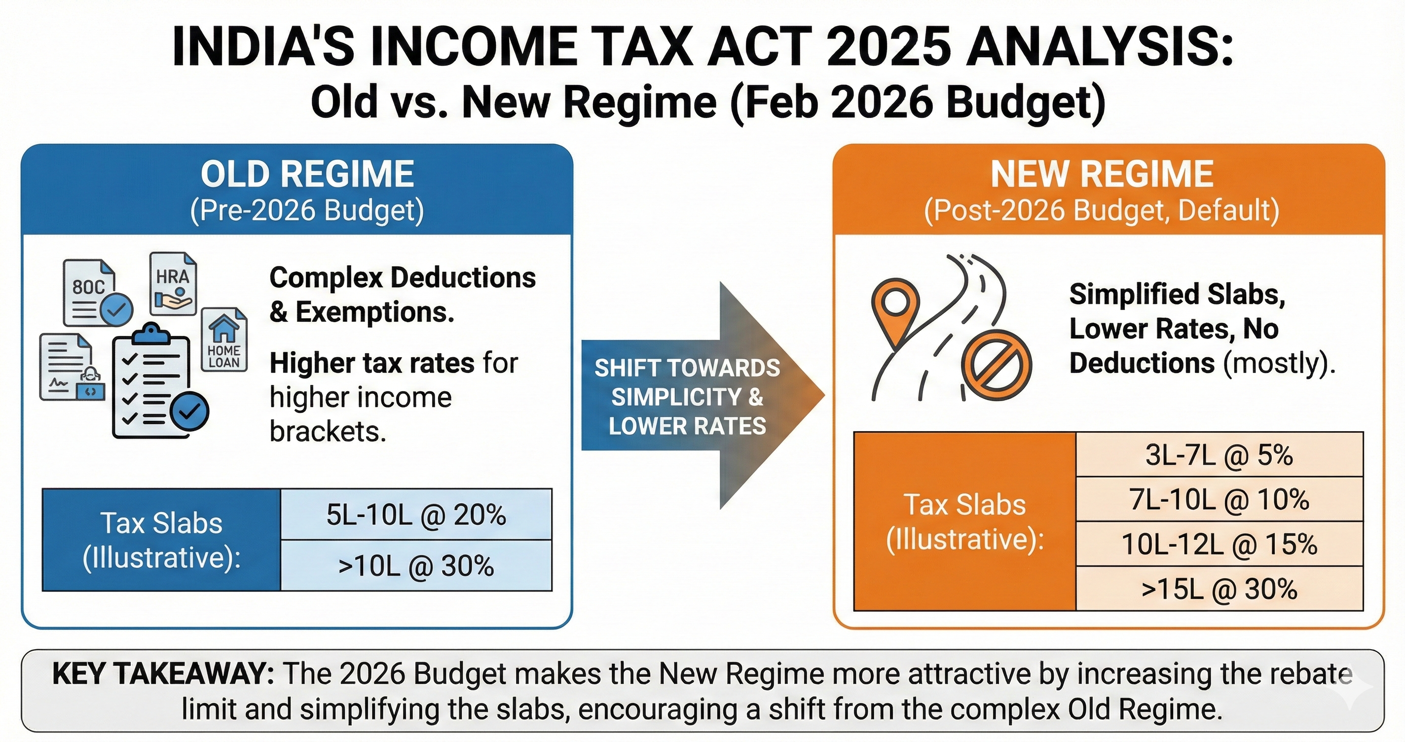 India Income Tax Act 2025 comparison showing Old vs New Tax Regime after Budget 2026
